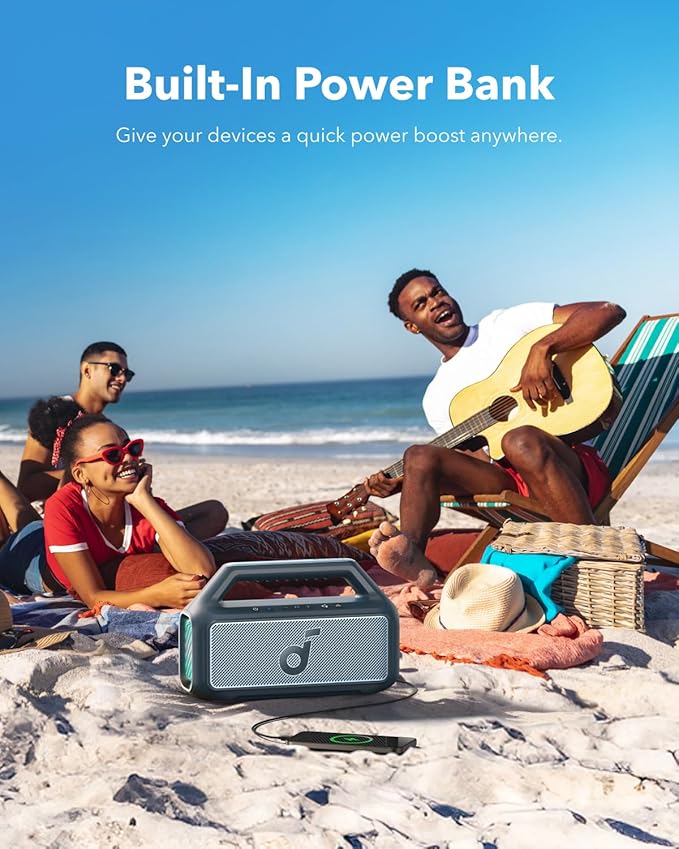 Soundcore Boom 2 by Anker, Outdoor Speaker, 80W, Subwoofer, BassUp 2.0, 24H Playtime, IPX7 Waterproof, Floatable, RGB Lights, USB-C, Custom EQ, Bluetooth 5.3, Portable for Camping and Beach - Blue
