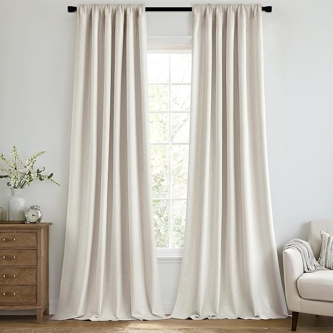 MIULEE 100% Blackout Back Tab Pleat Linen Curtains 50" Wx72 L, Birch | 2 Panels by MIULEE