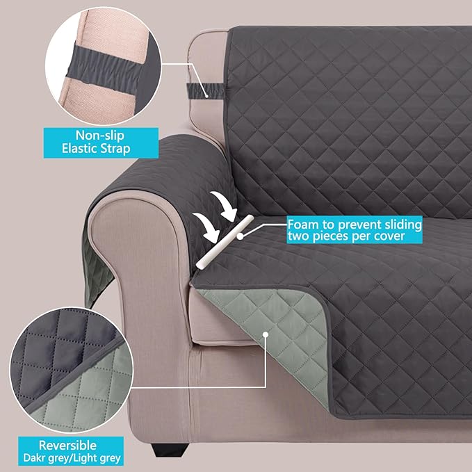 U-NICE HOME Recliner Chair Covers Reversible Chair Cover Pet Covers for Dogs with Elastic Straps Water Resistant Diamond Quilted (28''Recliner Oversized, Dark Grey/Light Grey)