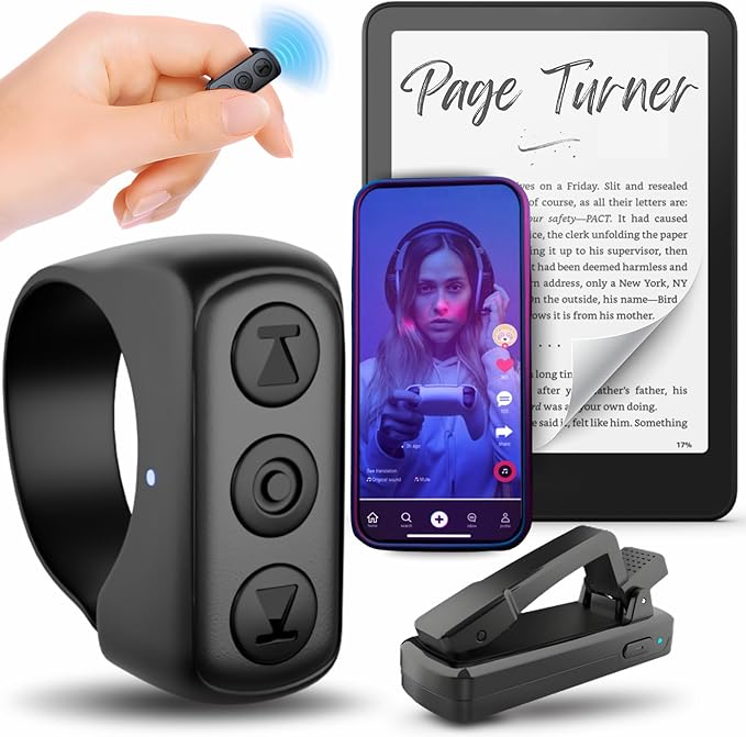 Kindle Page Turner Remote for Kindle Paperwhite - TikTok Scrolling Ring for iPhone & Android Devices w/Phone Stand & Charging Case - Kindle Clicker/Remote Control Page Turner for eReaders (Black)