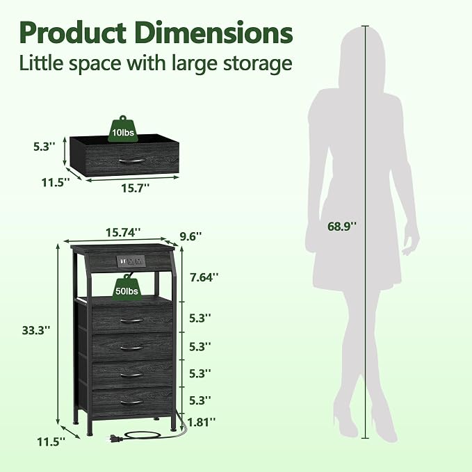 Tall Night Stand with Charging Station, 4 Drawers Bedside Table | Small Black - Image 3