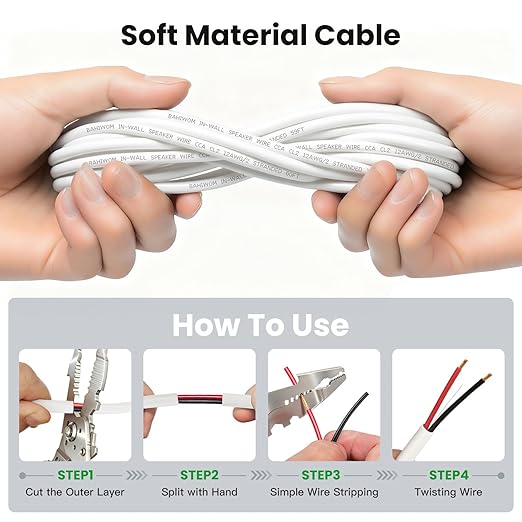 BAHIWOM Fire Safety CL2 Speaker Wire in-Wall & in-Ceiling 12 Gauge Wire 100 FT CCA Cord 2 Conductors Red Black Speaker Cable for Indoor Home Theater System,Car Audio Soft White Jacket