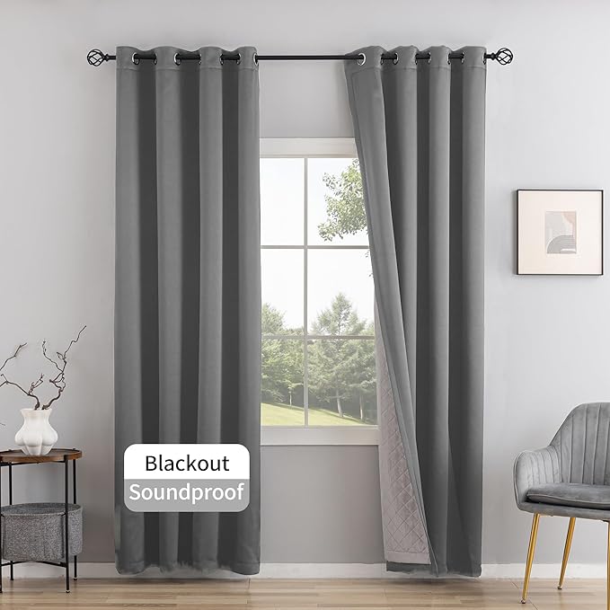 3-in-1 Layers Noice Reduction Soundproof Curtains, Grommet Full Blackout Thermal Curtains for Living Room, Bedroom(1 Panel,Grey,50" x 72")