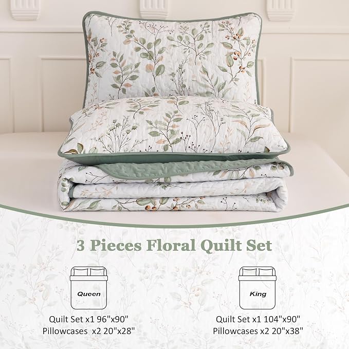 Anibedding Botanical Quilt Set Queen Size Sage Green Print Bedspreads | Green - Image 4