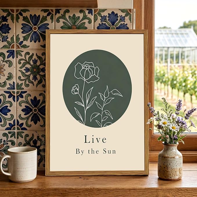 Framed Boho Sun and Moon Wall Art Set of 2, Sage Green Floral Line Pictures - Image 8
