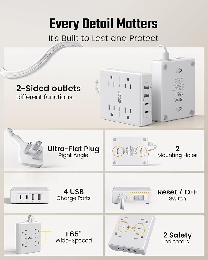 SUPERDANNY 10 Ft Long Extension Cord Flat Plug Power Strip Surge Protector | 4 - Image 8