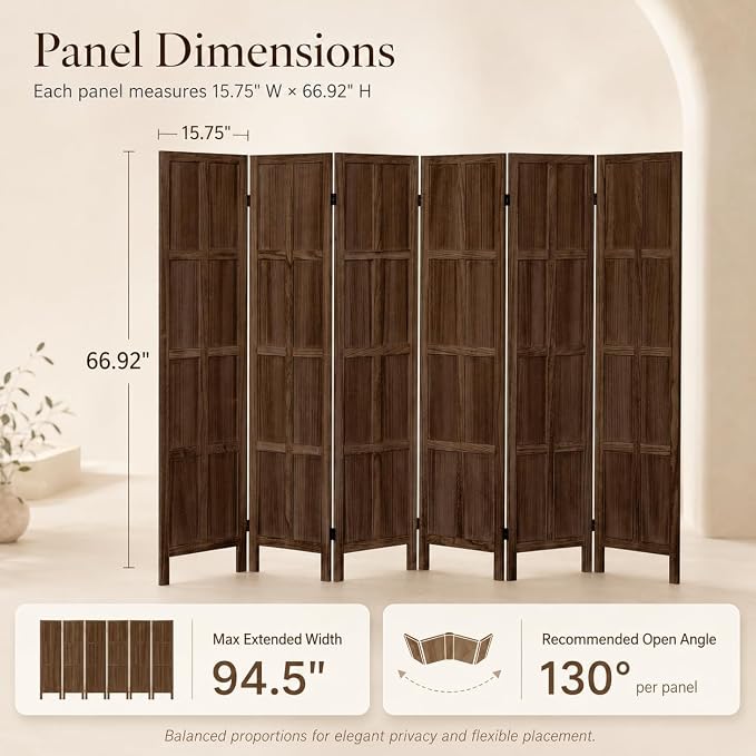 6 Panel Solid Wood Room Divider Folding Privacy Screen Brown | Freestanding - Image 2