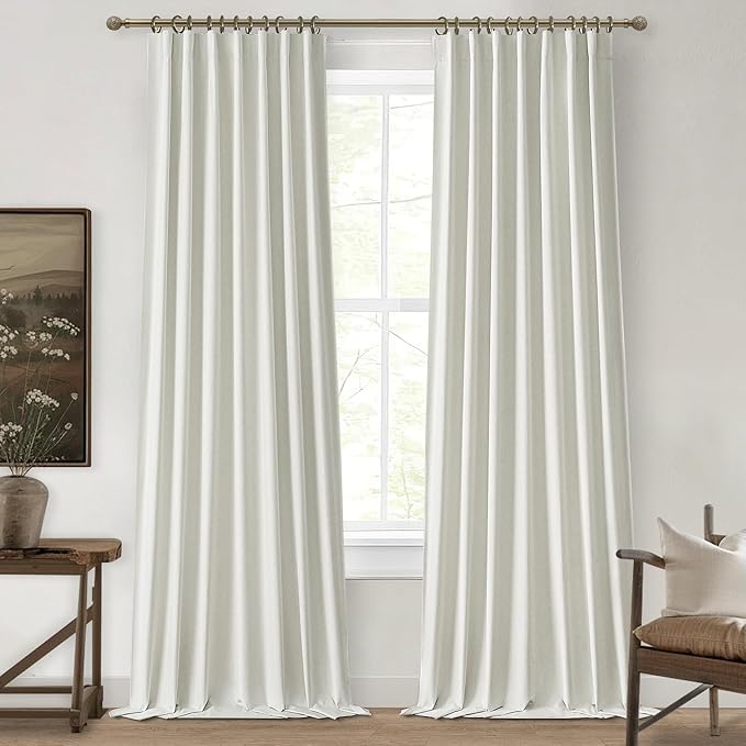 Pleated Beige White Curtains 94 Inches Long 2 Panels Burg, Energy Efficient by QJMYDECO