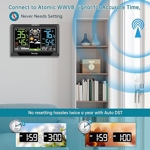 DreamSky Weather Station Indoor Outdoor Thermometer Wireless, Atomic Clock with Indoor Outdoor Temp, Date Day, Adjustable Backlight, Inside Outside Temperature Humidity Monitor for Home