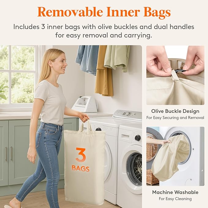 Lifewit 165L Laundry Basket with Lid, Large Laundry Hamper with Plastic Handles and Removable Bag, Foldable Tall Dirty Clothes Hampers for Laundry for Laundry Room, Bedroom, Bathroom, Dorm, Beige