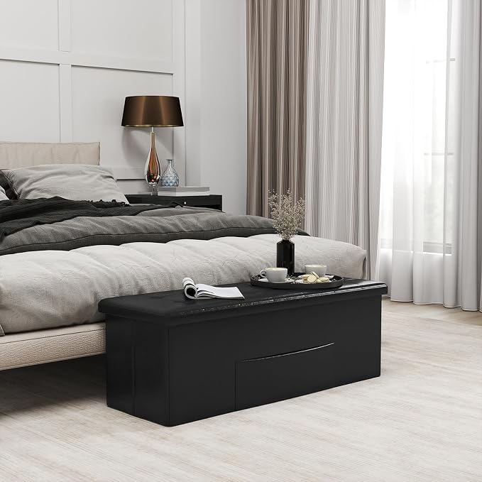 Giantex 43 Inches Folding Storage Ottoman Bench, Upholstered PU Leather Storage - Image 4