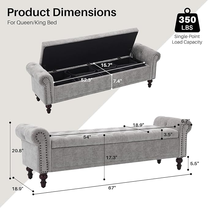 SOFTHION 67" Storage Bench for Bedroom, Chenille Upholstered, Light Grey | King - Image 2