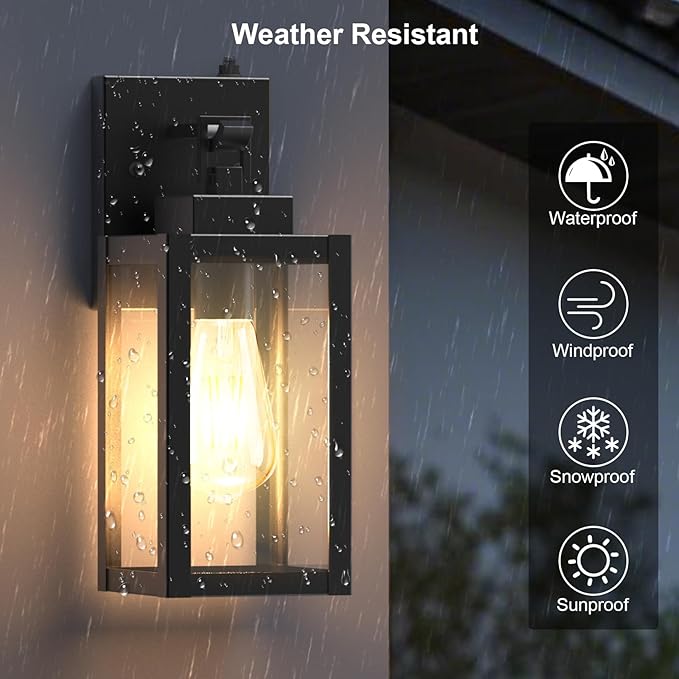 LTBLIGHT 2-Pack Dusk to Dawn Outdoor Wall Lights, Modern Black Sensor Porch Light Fixtures, Waterproof Exterior Lighting for House, Garage, Patio, Front Door, 100-120Vac