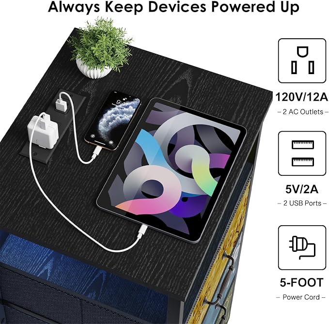 Fixwal Night Stand with 3 Fabric Drawers, Nightstand with Charging Station | - Image 5