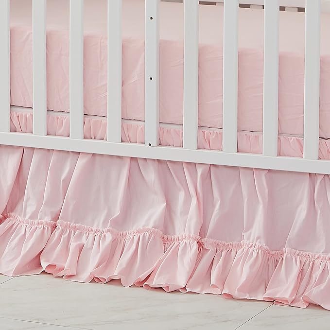 Brandream Crib Bed Skirt for Baby Girls Boys Blush Pink Boho Bohemian Solid Cotton Toddler Bedskirt Farmhouse Chic Ruffle