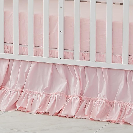 Brandream Crib Bed Skirt for Baby Girls Boys Blush Pink Boho Bohemian Solid Cotton Toddler Bedskirt Farmhouse Chic Ruffle