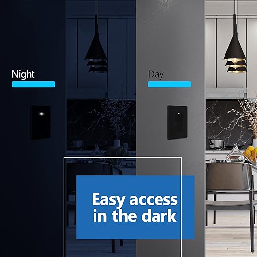 LIDER Minimalist Design Matte Finish Lighted Decorator Switch, Frameless Paddle Light Switch with Locator Light, Grounding Screw, 15A 125V, UL Listed, LS15-1P-BK2P, Black, 2 Pack