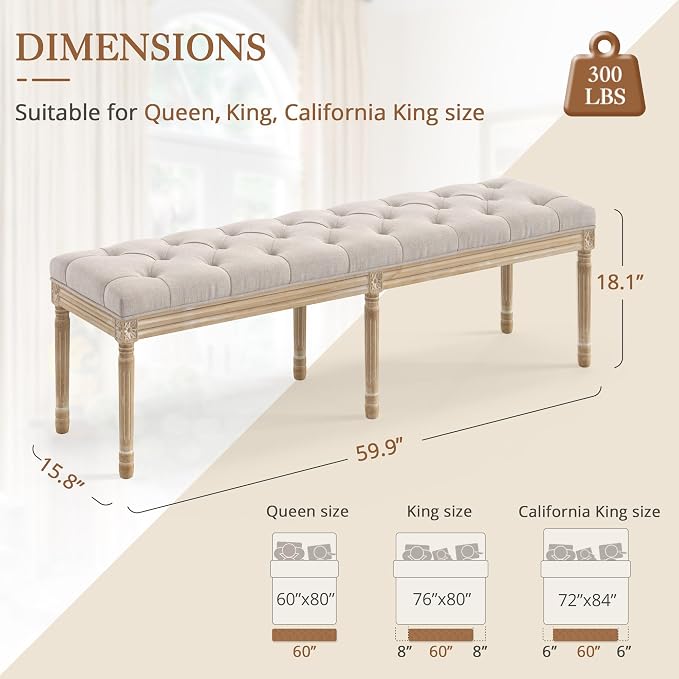 LUE BONA 60" Fabric End of Bed Bench, Upholstered Tufted French Bedroom Bench - Image 3