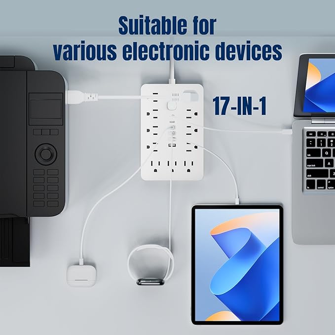 JouleLoom 2 Pack 6 FT Flat Plug Surge Protector Power Strip,11 Multiple AC Outlets with 6 USB Ports (2 USB C), 6 Feet Extension Cord, 1250W/10A, One Touch Switch Button, 17 in 1 Compact powerstrip