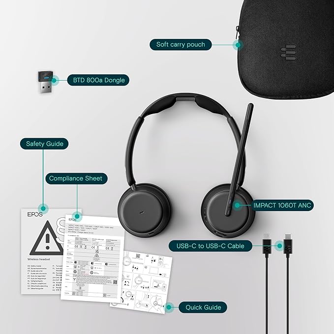 EPOS Impact 1060T ANC Adaptive Noise Cancelling Wireless Headset for PC with Active Noise Cancellation, EPOS AI™ Mic, Super Wideband Audio, Bluetooth, Wireless Charging, Microsoft Teams Certified
