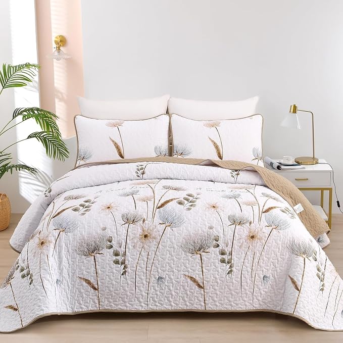 Dinjoy Floral Quilt Set California King, Khaki Bedspreads Fall Bedding Set | 3 by DINJOY