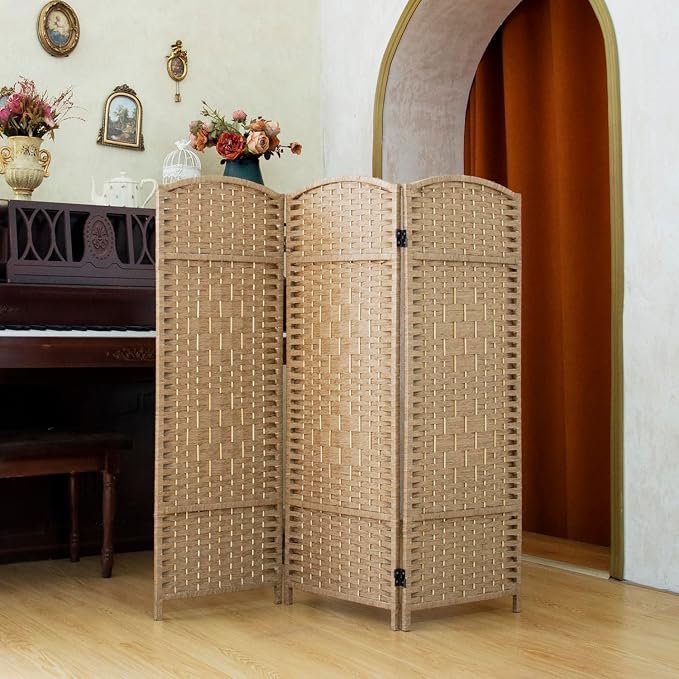 Compact 3 Panel Short Room Divider, 47.2 Inch Tall Double-Sided Rattan Folding by PawlaBay