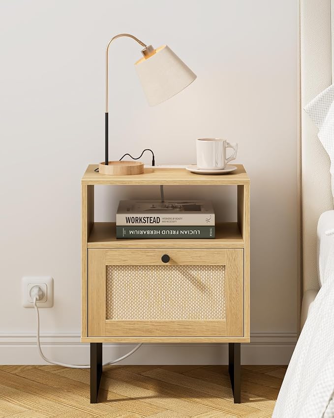 Masupu Rattan Nightstand with Charging Station, Modern Boho Farmhouse Wood - Image 7