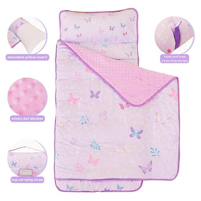 Viviland Toddler Kid Nap Mat for Preschool, Girls Purple Butterfly Slumber Bag, Daycare Sleeping Bag with Pillow and Blanket, Kindergarten Sleep Mat