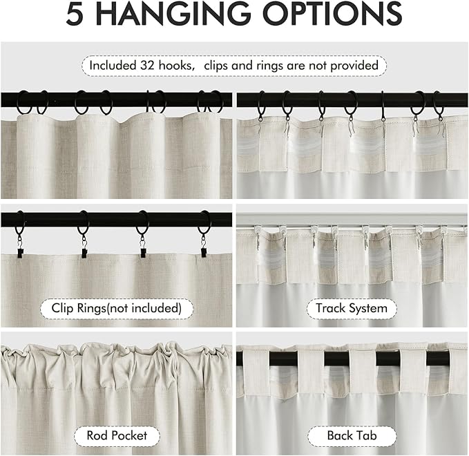 MIULEE 100% Blackout Back Tab Pleat Linen Curtains 50" Wx102 L, Ivory | 2 Panels - Image 6