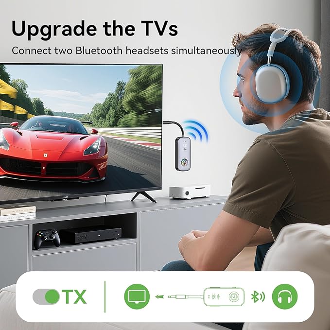 2025 Pro Bluetooth Receiver Transmitter,2-in-1 Wireless Audio Adapter for Airplane/TV/PC/Gym-Dual Link Headphone,Bluetooth Receiver for Car/Home Stereo,Low Latency,Battery Display,Built-in MIC