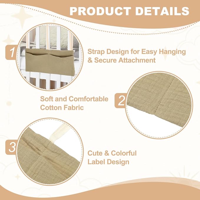 uxcell Bedside Caddy, 2 Pocket Cotton Bedside Hanging Storage Bag, Soft Cotton - Image 3