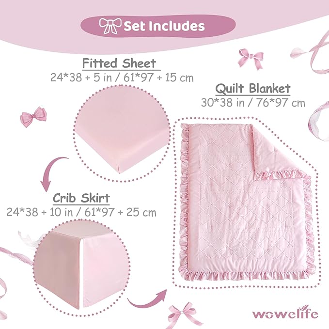 Wowelife Boho Mini Crib Bedding Set for Girls, 3 Piece Tufted Jacquard Ruffle Fringe Baby Girl Crib Bedding Set Newborn, Infant & Nursery with Comforter, Crib Fitted Sheet and Crib Skirt, Pink