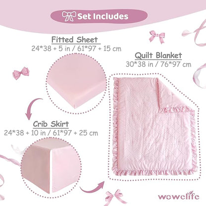 Wowelife Boho Mini Crib Bedding Set for Girls, 3 Piece Tufted Jacquard Ruffle Fringe Baby Girl Crib Bedding Set Newborn, Infant & Nursery with Comforter, Crib Fitted Sheet and Crib Skirt, Pink