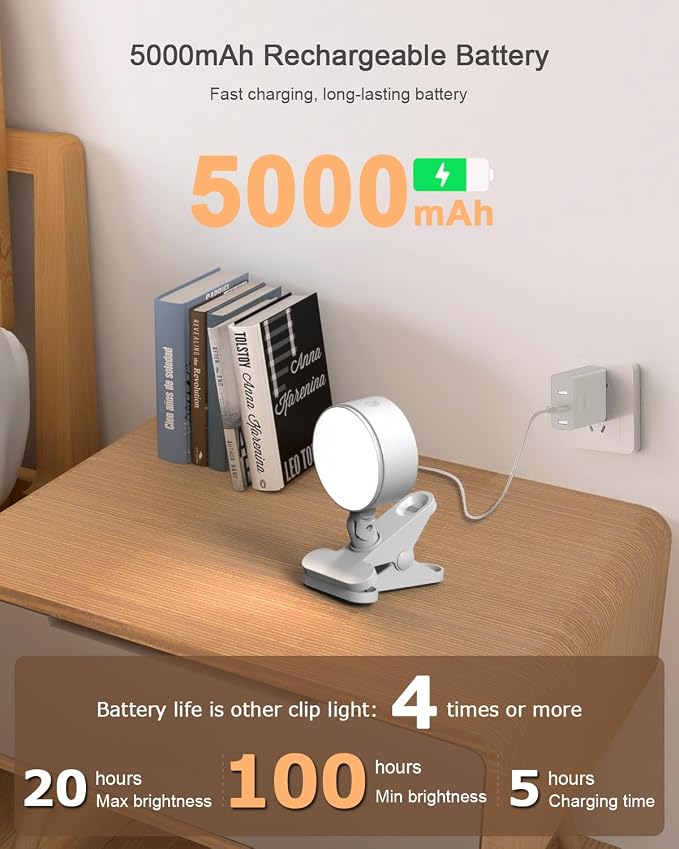 Clip on Light 5000mAh Rechargeable Battery, Clamp Reading Light - Image 2