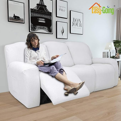 Easy-Going 8 Pieces Recliner Sofa Stretch Sofa Slipcover Sofa Cover Furniture Protector Couch Soft with Elastic Bottom Kids, Spandex Jacquard Fabric Small Checks Snow White