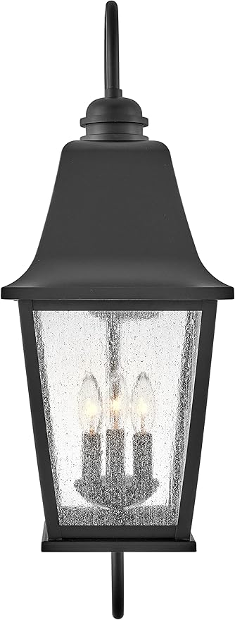 Hinkley Kingston Large Wall Mount Lantern - Oversized Sweeping Roof & Arms, Aluminum, Clear Seedy Glass - Black Finish