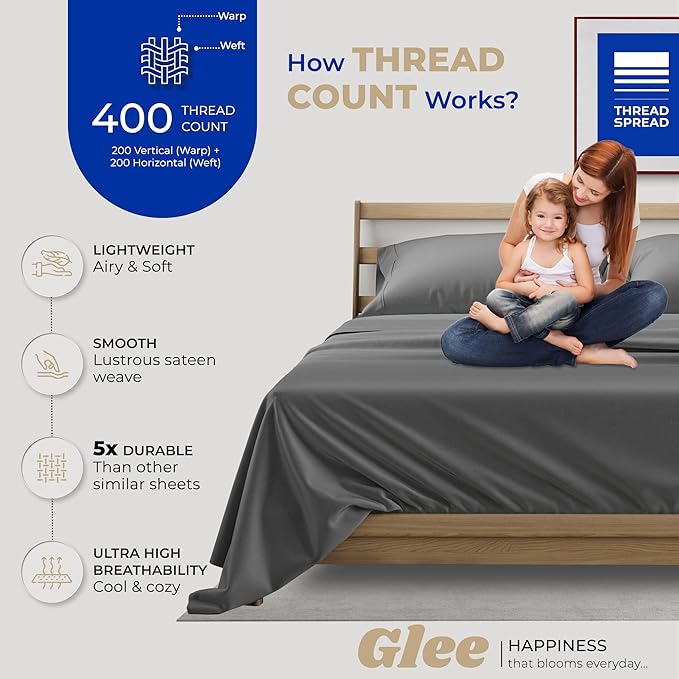 THREAD SPREAD 400 Thread Count King Cotton Sheets - 4 PC King Size Bed Sheet Set Cotton (Dark Grey), Soft, Cooling, Hotel-Quality 16" Deep Pocket Sateen Bedsheet for Hot Sleepers (Fits 18" Mattress)