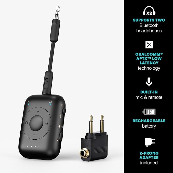 MEE audio Connect Air Pro (2 PACK) Bluetooth Wireless Audio Transmitter & Receiver for AirPods or Bluetooth Headphones, 2-in-1 Adapter with Detachable Cable for 3.5mm devices on Airplanes, Black&White