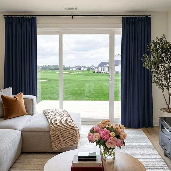 Pinch Pleated Full Blackout Faux Linen Curtains 96 Inches Long | Midnight Blue - Image 4