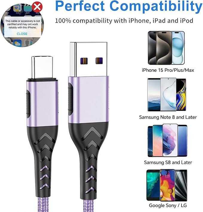 Durcord USB Type C Cable, 2Pack 3ft USB A to USB C Cable 3 Feet USB Type C Cord Cable for Android Phone Pad Laptop, 10 Foot Type C Charger Premium Nylon Braided USB Cable -Light Purple