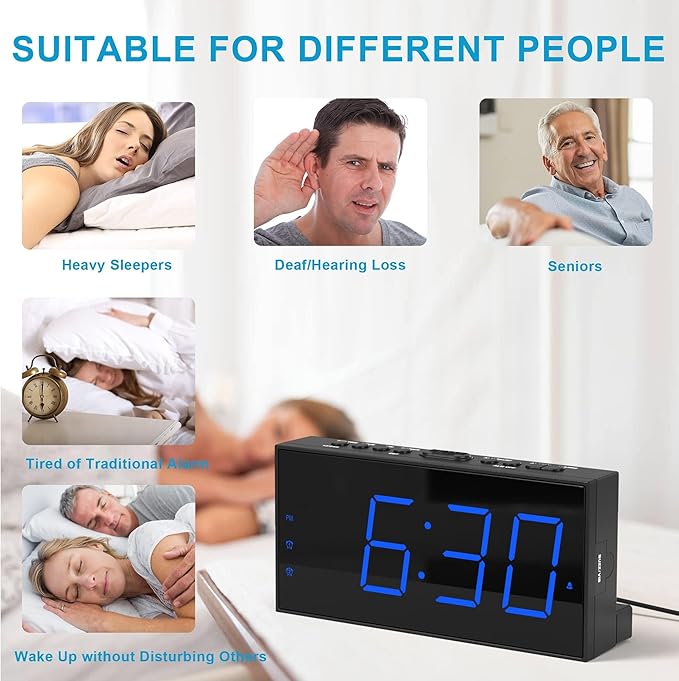Extra Loud Dual Alarm Clock with Vibration for Bedroom,Extreme Bed Shaker Alarm Clock for Deep Sleeper Hard of Hearing Deaf,7" Clear LED Display,USB Port,Battery Backup,Easy to Set for Senior,Kids,DST