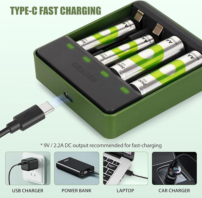 RECYKO AA AAA NiMH Battery Charger, 4 Individual Bay Charger for Nickel Metal Hydride Rechargeable Batteries, Type-C Connection, PD Compatible, Fast 1-Hour Charging, Safety Protection & Auto Cut-Off