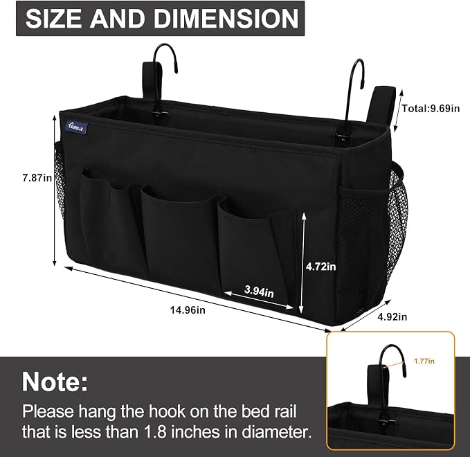Surblue Bedside Organizer with Hook Bedside Caddy Hanging Storage Bag with - Image 6