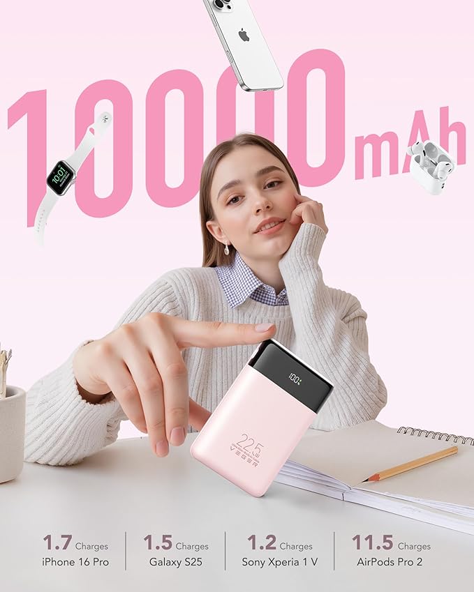 VEGER Portable Charger with Built in Cable, 10000mAh 22.5W Fast Charging USB C Battery Pack, 4 Outputs 3 Inputs Power Bank for iPhone 16/15/14/13 Series, iPad, Samsung, Android, Tablet, Pink(1 Pack)