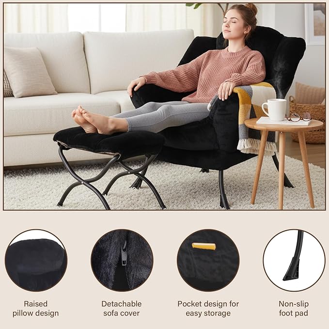 Welnow Lazy Chair with Ottoman, Reading Chair with Footrest, Plush Black | A - Image 4