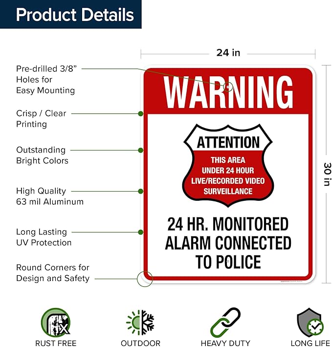 Warning 24 HR. Monitored Alarm Connected To Police Sign, 24x30 Inches, Rust Free .063 Aluminum, Fade Resistant, Made in USA by My Sign Center