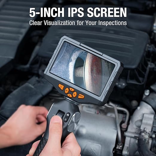 Articulating Borescope with Dual Lens Endoscope, Teslong 5-inch IPS Automotive Inspection Camera with Two-Way Articulation Tip, 6+1 LED Lights, Mechanics Fiber Optic Scope-Dia. 0.25 inch & L 5.0 feet