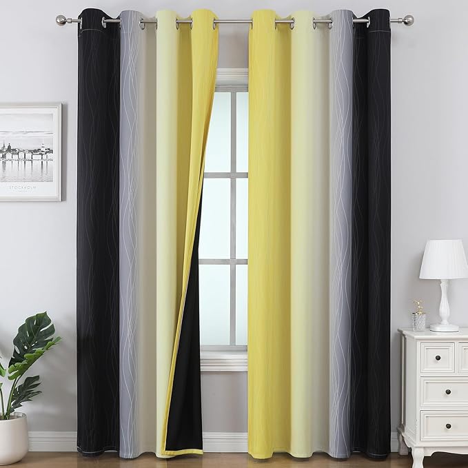 Black and Yellow Ombre Blackout Curtains 90 Inches Long | Room Darkening by ESTELARTEXTILER