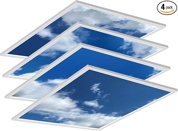 4 Pack 2x4 LED Flat Panel Light Drop Ceiling Fixture with Cloud Design, 7000LM Tunable 20W-40W, 3000K-6500K 0-10V Dimmable Skylight Recessed Fixture for Office Shop, ETL & DLC 24x24 Inch LED Panel