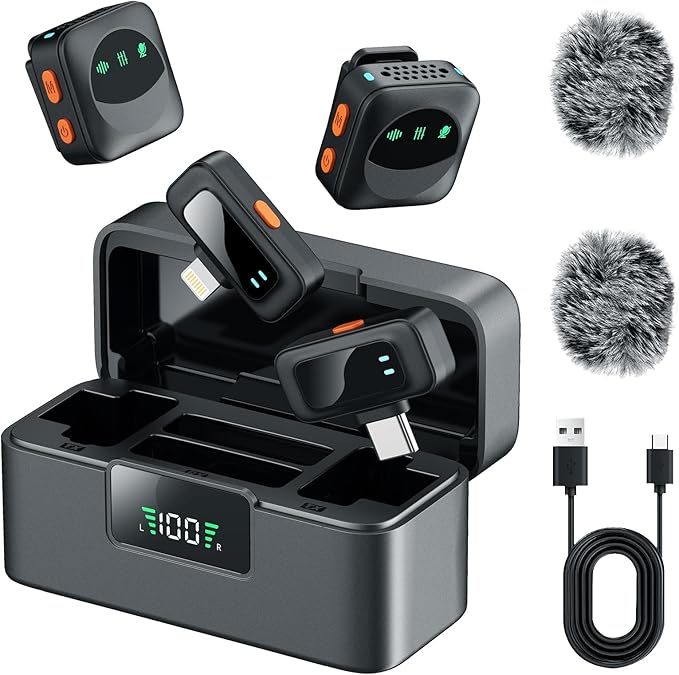 LIZHUZHONG Ai Mini Mic Wireless Lavalier Microphone System (2TX+2RX+Case), Magnetic & Clip-On Microphone for iPhone, Android, Vlogging, Studio-Quality Sound, 48H Battery, Ai Noise Cancelling